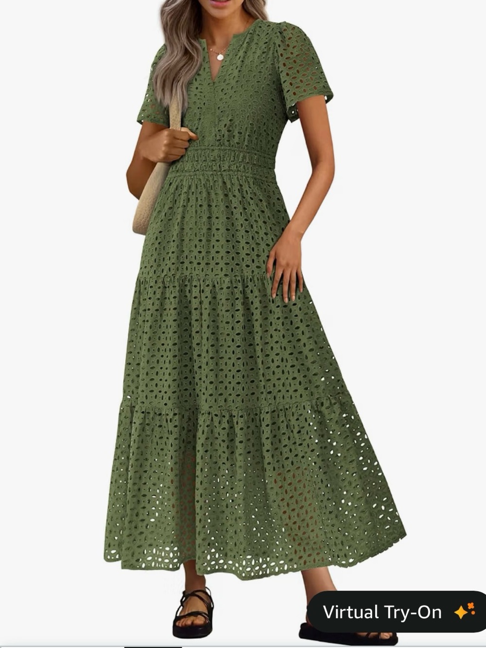 Eyelet Maxi Dress with Smocked Waist in Army Green NWT